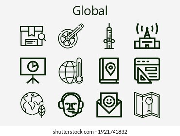 Premium set of global [S] icons. Simple global icon pack. Stroke vector illustration on a white background. Modern outline style icons collection of Chain, Signal, Commentator, Search, Syringe