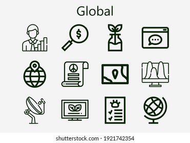 Premium set of global [S] icons. Simple global icon pack. Stroke vector illustration on a white background. Modern outline style icons collection of Ecological, Pacifism, Search, Reuse, Earth globe