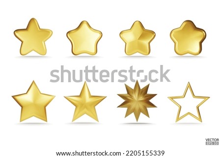Premium Set of gold 3d stars icon for apps, products, websites, and mobile applications. Cute cartoon golden stars quality rating isolated on white background. 3D vector illustration.