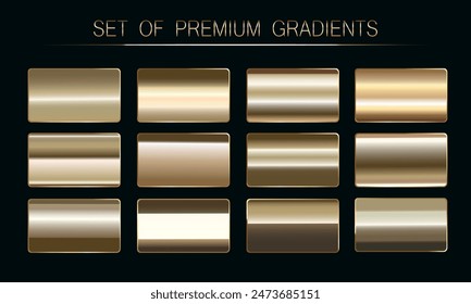 Premium set of gold gradients. Set of metallic holiday gold vector gradients. For luxury badges, certificates, invitations, backgrounds, borders, ribbons.