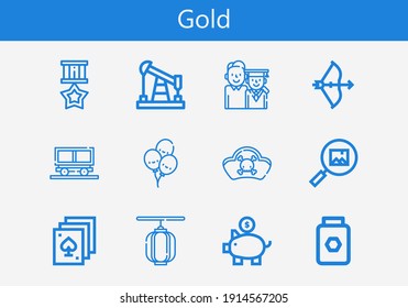 Premium set of gold line icons. Simple gold icon pack. Stroke vector illustration on a white background. Modern outline style icons collection of Honey, Poker, Lantern, Oil, Graduation, Picture