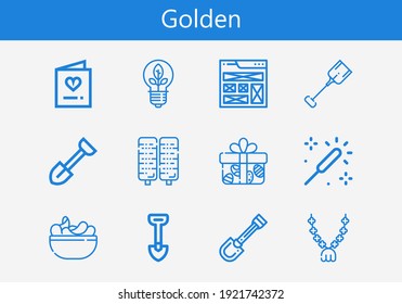 Premium set of golden line icons. Simple golden icon pack. Stroke vector illustration on a white background. Modern outline style icons collection of Gift, Frame, Shovel, Pendant, Light, Sparkle