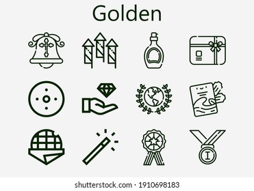 Premium set of golden [S] icons. Simple golden icon pack. Stroke vector illustration on a white background. Modern outline style icons collection of Stroopwafel, Gift card, Magic wand, Award