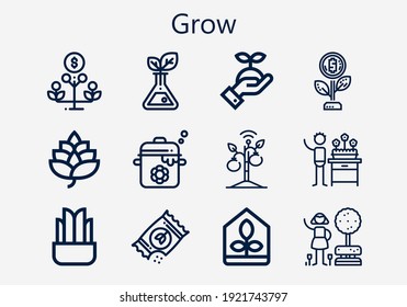 Premium set of grow [S] icons. Simple grow icon pack. Stroke vector illustration on a white background. Modern outline style icons collection of Garden, Plant, Seeds, Pot, Growth, Hop, Greenhouse