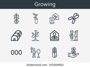 Premium set of growing line icons. Simple growing icon pack. Stroke vector illustration on a white background. Modern outline style icons collection of Pruning shears, Grow, Seeds, Reforestation