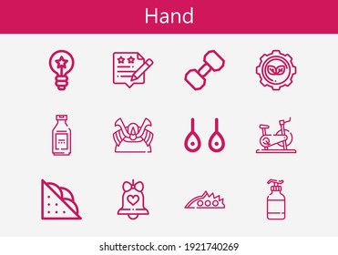 Juego premium de iconos de línea de mano. Paquete de iconos de mano simple. Ilustración vectorial de trazo sobre un fondo blanco. Iconos de estilo de contorno moderno colección de Earrings, Sandwich, Knuckle, Bottle, Idea