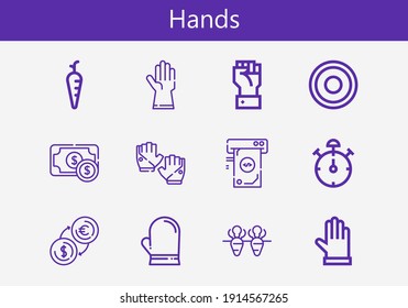 Premium set of hands line icons. Simple hands icon pack. Stroke vector illustration on a white background. Modern outline style icons collection of Money, Carrot, Glove, Gloves, Stop watch, Frisbee