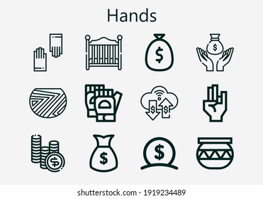 Premium Set von Händen [S] Symbole. Einfache Hand Icon Pack. Schlagt Vektorgrafik auf weißem Hintergrund. Moderne Symbole im Stilstil Sammlung von Geld, Handschuhe, Keramik, Kinderbett, Hand