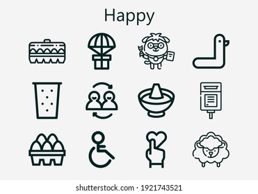 Premium set of happy [S] icons. Simple happy icon pack. Stroke vector illustration on a white background. Modern outline style icons collection of Heart, Handicap, Gift, Egg, Mailbox, Friends
