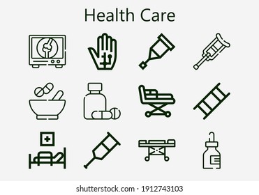 Premium set of health care [S] icons. Simple health care icon pack. Stroke vector illustration on a white background. Modern outline style icons collection of Medicine, Radiography, Crutch