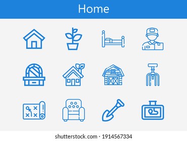 Premium set of home line icons. Simple home icon pack. Stroke vector illustration on a white background. Modern outline style icons collection of Bed, Plant, Shovel, Barn, Chair, Delivery man, House
