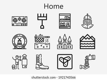 Premium set of home [S] icons. Simple home icon pack. Stroke vector illustration on a white background. Modern outline style icons collection of Helmet, Flood, Loan, Bookcase, Stove, Heater