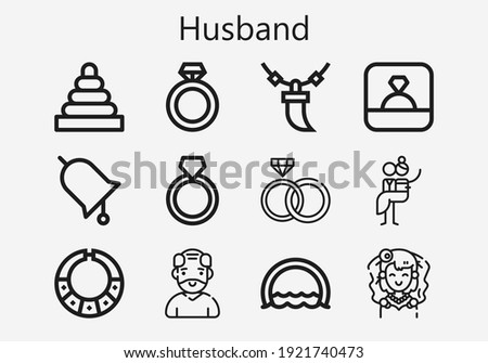 Premium set of husband icons. Simple husband icon pack. Stroke vector illustration on a white background. Modern outline style icons collection of Necklace, Ring, Rings, Newlyweds, Old man