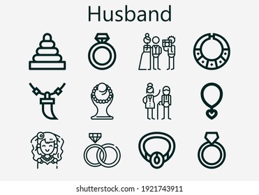 Premium set of husband [S] icons. Simple husband icon pack. Stroke vector illustration on a white background. Modern outline style icons collection of Necklace, Ring, Rings, Newlyweds, Old man