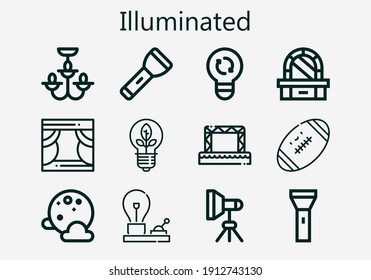 Premium set of illuminated [S] icons. Simple illuminated icon pack. Stroke vector illustration on a white background. Modern outline style icons collection of Full moon, Light, Chandelier, Bulb