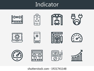 Premium set of indicator line icons. Simple indicator icon pack. Stroke vector illustration on a white background. Modern outline style icons collection of Freezer, Loading, Battery, Speedometer