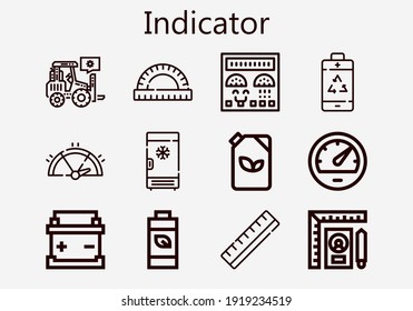 Premium-Satz von Indikator- [S]-Symbolen. Einfaches Symbol-Paket mit Anzeige. Schlagt Vektorgrafik auf weißem Hintergrund. Moderne Symbole im Stile von Freezer, Batterien, Kraftstoff, Speedometer, Loader