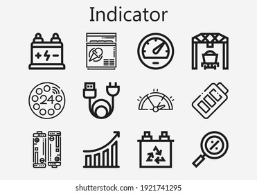 Premium set of indicator [S] icons. Simple indicator icon pack. Stroke vector illustration on a white background. Modern outline style icons collection of Freezer, Dial, Percentage, Battery