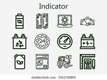 Premium set of indicator [S] icons. Simple indicator icon pack. Stroke vector illustration on a white background. Modern outline style icons collection of Dial, Freezer, Loading, Battery, Speedometer