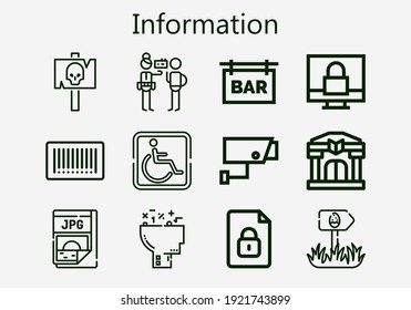 Conjunto de iconos de información [S] premium. Paquete de iconos de información simple. Ilustración vectorial de trazo sobre un fondo blanco. Colección de iconos de estilo de contorno moderno de Jpg, Learning, Signal, Bar