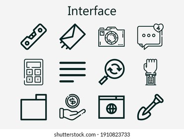 Premium set of interface [S] icons. Simple interface icon pack. Stroke vector illustration on a white background. Modern outline style icons collection of Comment, Money, Shovel, Reload, Calculator