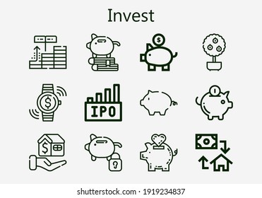 Premium set of invest [S] icons. Simple invest icon pack. Stroke vector illustration on a white background. Modern outline style icons collection of Money tree, Mortgage, Piggy bank, Ipo