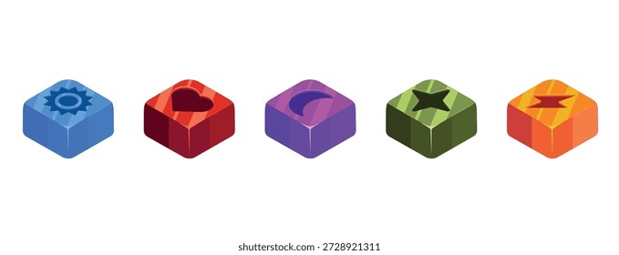 Ein erstklassiges Set von isometrischen Vektorspielwürfeln mit lebendigen Farben und verschiedenen einzigartigen Symbolen auf sauberem, weißem Hintergrund. Diese Kollektion eignet sich perfekt für das Prototyping von Brettspielen