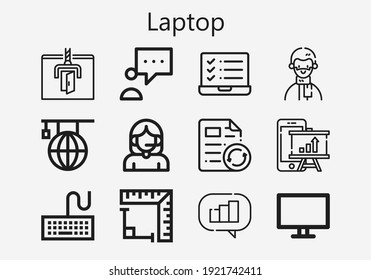 Premium Set Of Laptop [S] Icons. Simple Laptop Icon Pack. Stroke Vector Illustration On A White Background. Modern Outline Style Icons Collection Of Learning, Blogger, Laptop, Call Center, Angle