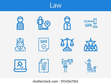 Premium Set Of Law Line Icons. Simple Law Icon Pack. Stroke Vector Illustration On A White Background. Modern Outline Style Icons Collection Of Mass, Restriction, Auction, Prisioner, Policeman