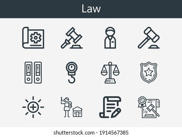 Premium Set Of Law Line Icons. Simple Law Icon Pack. Stroke Vector Illustration On A White Background. Modern Outline Style Icons Collection Of Police Badge, Human Rights, Law, Auction, Documentation