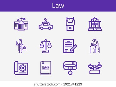 Premium Set Of Law Line Icons. Simple Law Icon Pack. Stroke Vector Illustration On A White Background. Modern Outline Style Icons Collection Of Courthouse, Stun Gun, Police Car, Scale, Police