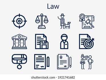 Premium Set Of Law [S] Icons. Simple Law Icon Pack. Stroke Vector Illustration On A White Background. Modern Outline Style Icons Collection Of Shooter, Courthouse, Law, Policeman, Detective, Document