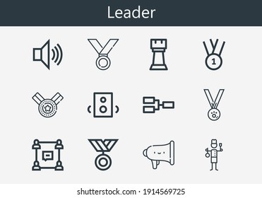 Premium set of leader line icons. Simple leader icon pack. Stroke vector illustration on a white background. Modern outline style icons collection of Competition, Group, Staff, Speakers, Medal