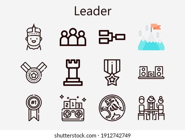 Premium set of leader [S] icons. Simple leader icon pack. Stroke vector illustration on a white background. Modern outline style icons collection of Competition, Chess, Group, Holden, King momo