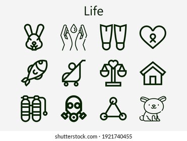 Premium set of life icons. Simple life icon pack. Stroke vector illustration on a white background. Modern outline style icons collection of Stroller, Gas mask, Molecules, Save water, Rabbit