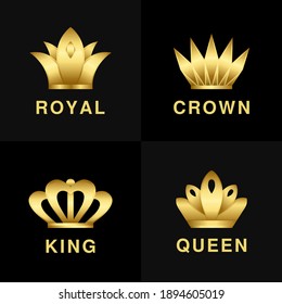 Premium Set of Logo. Logotype Gold Crown. Vector Illustration Royal King Icon on Black Background.