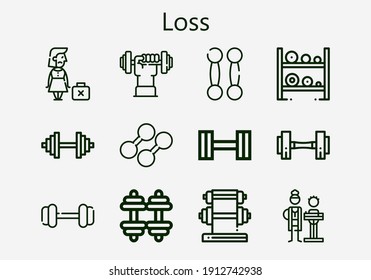 Premium set of loss [S] icons. Simple loss icon pack. Stroke vector illustration on a white background. Modern outline style icons collection of Nutritionist, Dumbbell, Dismissed