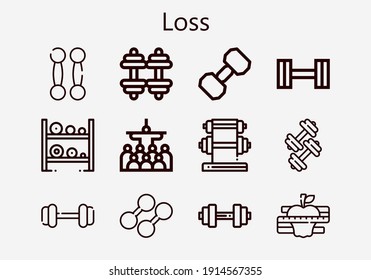 Premium set of loss [S] icons. Simple loss icon pack. Stroke vector illustration on a white background. Modern outline style icons collection of Mass, Diet, Dumbbell