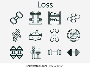 Premium set of loss [S] icons. Simple loss icon pack. Stroke vector illustration on a white background. Modern outline style icons collection of Nutritionist, Diet, Dumbbell, Junk food