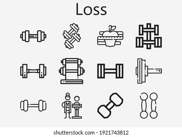 Premium set of loss [S] icons. Simple loss icon pack. Stroke vector illustration on a white background. Modern outline style icons collection of Nutritionist, Diet, Dumbbell