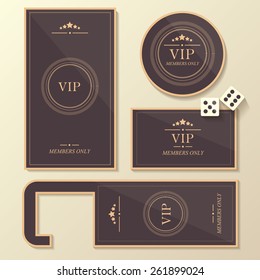 premium set of luxurious vip club membership card labels, badge and door tag with white casino dices