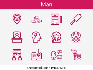 Premium set of man line icons. Simple man icon pack. Stroke vector illustration on a white background. Modern outline style icons collection of Placeholder, Call center, Boss, Mind, Actor