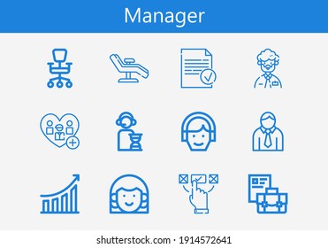 Premium set of manager line icons. Simple manager icon pack. Stroke vector illustration on a white background. Modern outline style icons collection of Add, Operator, Done, Choice, Briefcase