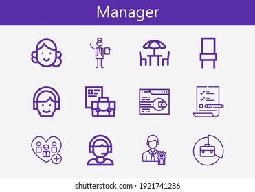Juego premium de iconos de línea de administrador. Paquete de iconos simple del gestor. Ilustración vectorial de trazo sobre un fondo blanco. Moderna colección de iconos de estilo de contorno de Add, Briefcase, Support, Chairs, Chair