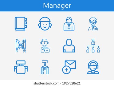 Premium set of manager line icons. Simple manager icon pack. Stroke vector illustration on a white background. Modern outline style icons collection of Add, Salesman, Group