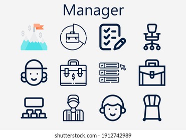 Premium set of manager [S] icons. Simple manager icon pack. Stroke vector illustration on a white background. Modern outline style icons collection of Briefcase, Chair, Projection, List