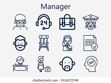 Premium set of manager [S] icons. Simple manager icon pack. Stroke vector illustration on a white background. Modern outline style icons collection of Operator, Receptionist, Done, Organization