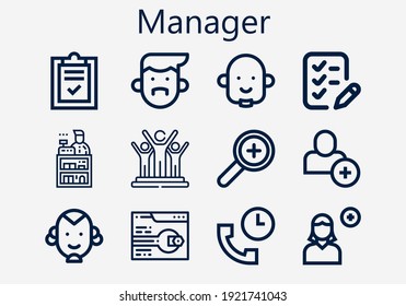 Premium set of manager [S] icons. Simple manager icon pack. Stroke vector illustration on a white background. Modern outline style icons collection of Add user, Add, Support, Clerk, List