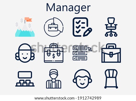 Premium set of manager [S] icons. Simple manager icon pack. Stroke vector illustration on a white background. Modern outline style icons collection of Briefcase, Chair, Projection, List