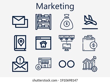 Premium set of marketing [S] icons. Simple marketing icon pack. Stroke vector illustration on a white background. Modern outline style icons collection of Flickr, Homepage, Mail, Mails, Shelves